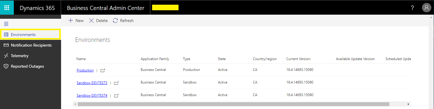 Admin center and environment tab