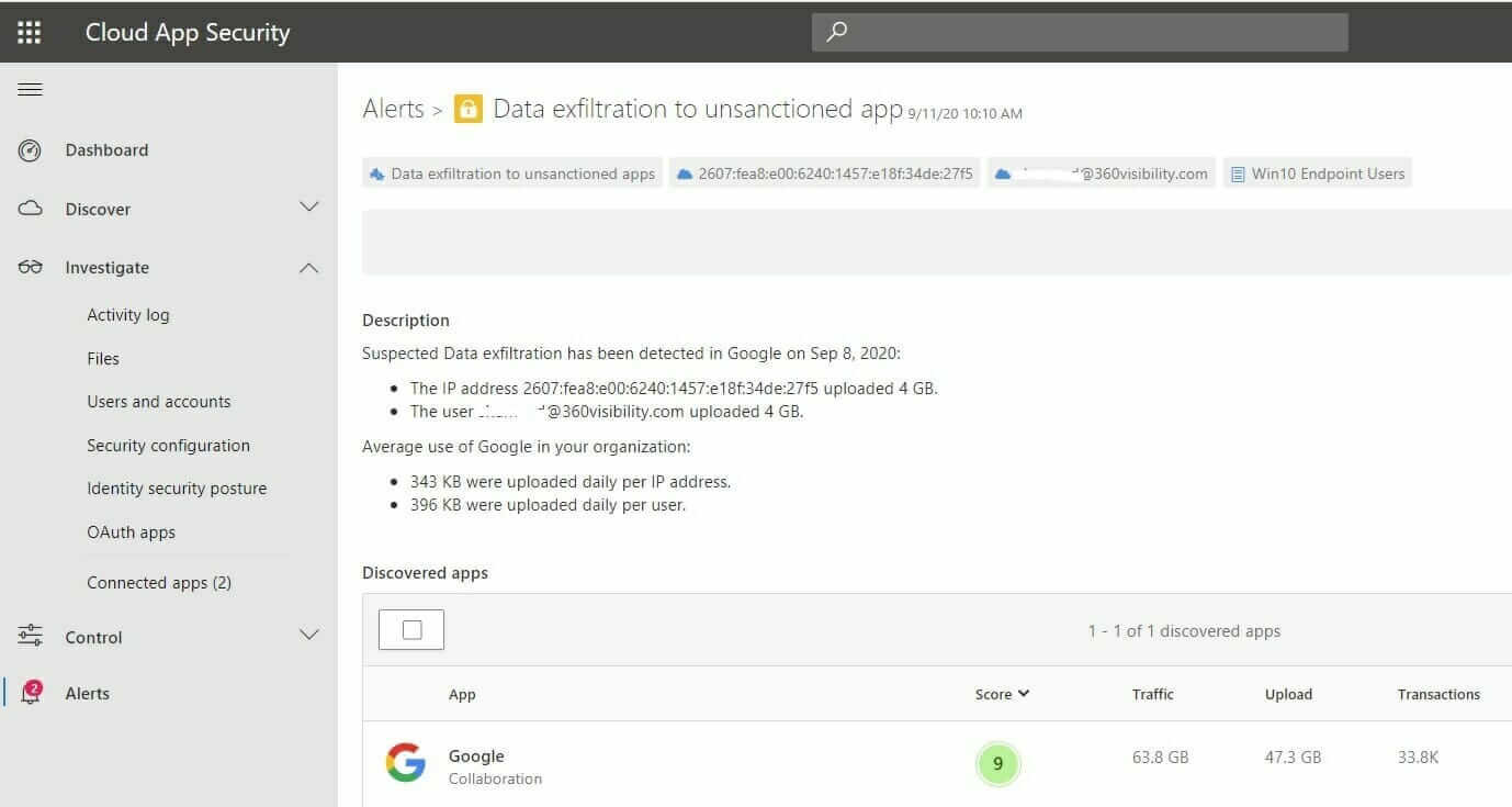 Intellectual property / Corporate data is the most valuable asset for an organization. As seen in the screenshot below, MCAS can detect when data is being exfiltrated and alert you with detailed information.