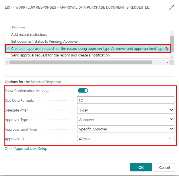 Select the line “Create an approval request………………….” And specify the following fields.