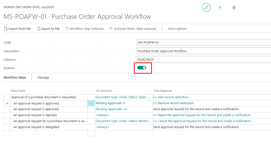 Create a Purchase Order Approval Workflow in Business Central 17 Enable the Workflow