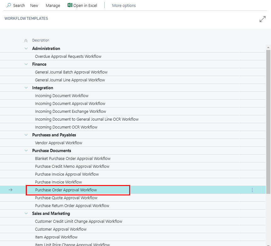 From the list of templates select “Purchase Order Approval Workflow” and click OK