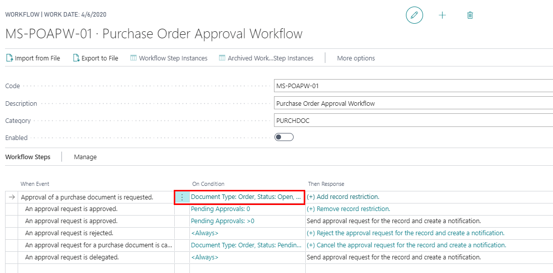 On the Workflow page, click on “On Condition” field of the event “Approval of purchase document is requested”