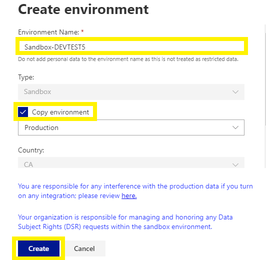 From the Create Environment tab, fill in the Name, Check the Copy Environment box and click on Create