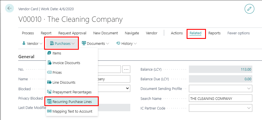 Assign the Recurring Purchase Line to the Vendor