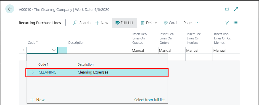 On the Recurring Purchase Lines page, select the relevant Code from the dropdown list