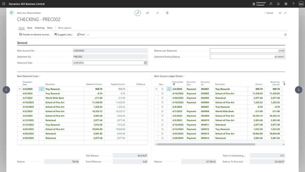 Dynamics 365 Business Central 2025 Release Wave 1 Updates - Here is what your business could accomplish with them 3 Business Central view showing bank reconciliation tools that are automated.