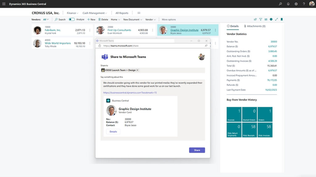 Dynamics 365 Business Central 2025 Release Wave 1 Updates - Here is what your business could accomplish with them 8 Function in Business Central showing how to work seamlessly with the Microsoft 365 applications you already use-such as Outlook, Excel, and Microsoft Teams-reducing data entry and switching between applications.